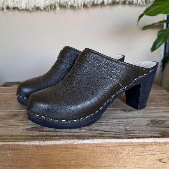 Maguba Stockholm Olive Green Genuine Leather Dark Wood Heeled Mule Clog Size 6 - Picture 1 of 15